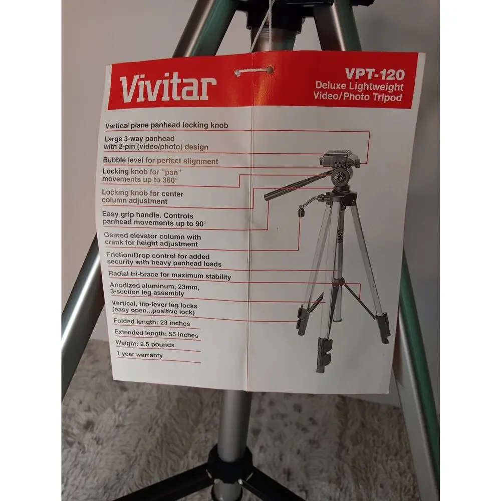 Vivitar VPT-120 Tripod Deluxe lightweight video-photo open box